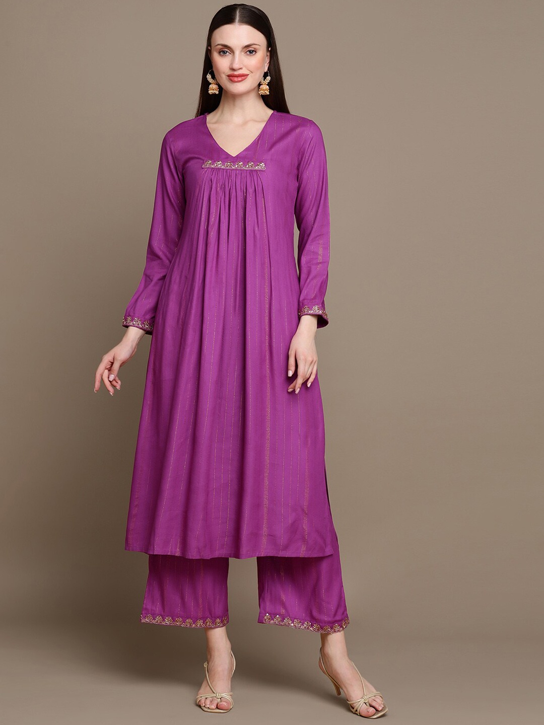 

MALHAAR V-Neck Pleated A-Line Kurta With Palazzos, Purple