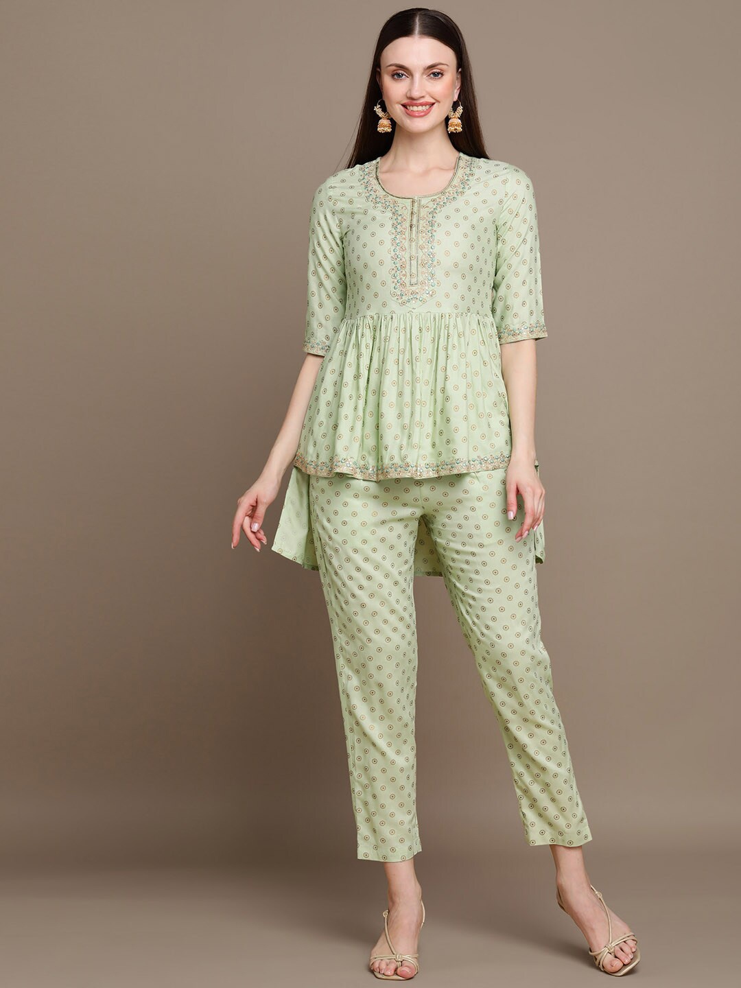 

MALHAAR Ethnic Motifs Printed Mirror Work High-Low Top With Trousers, Sea green