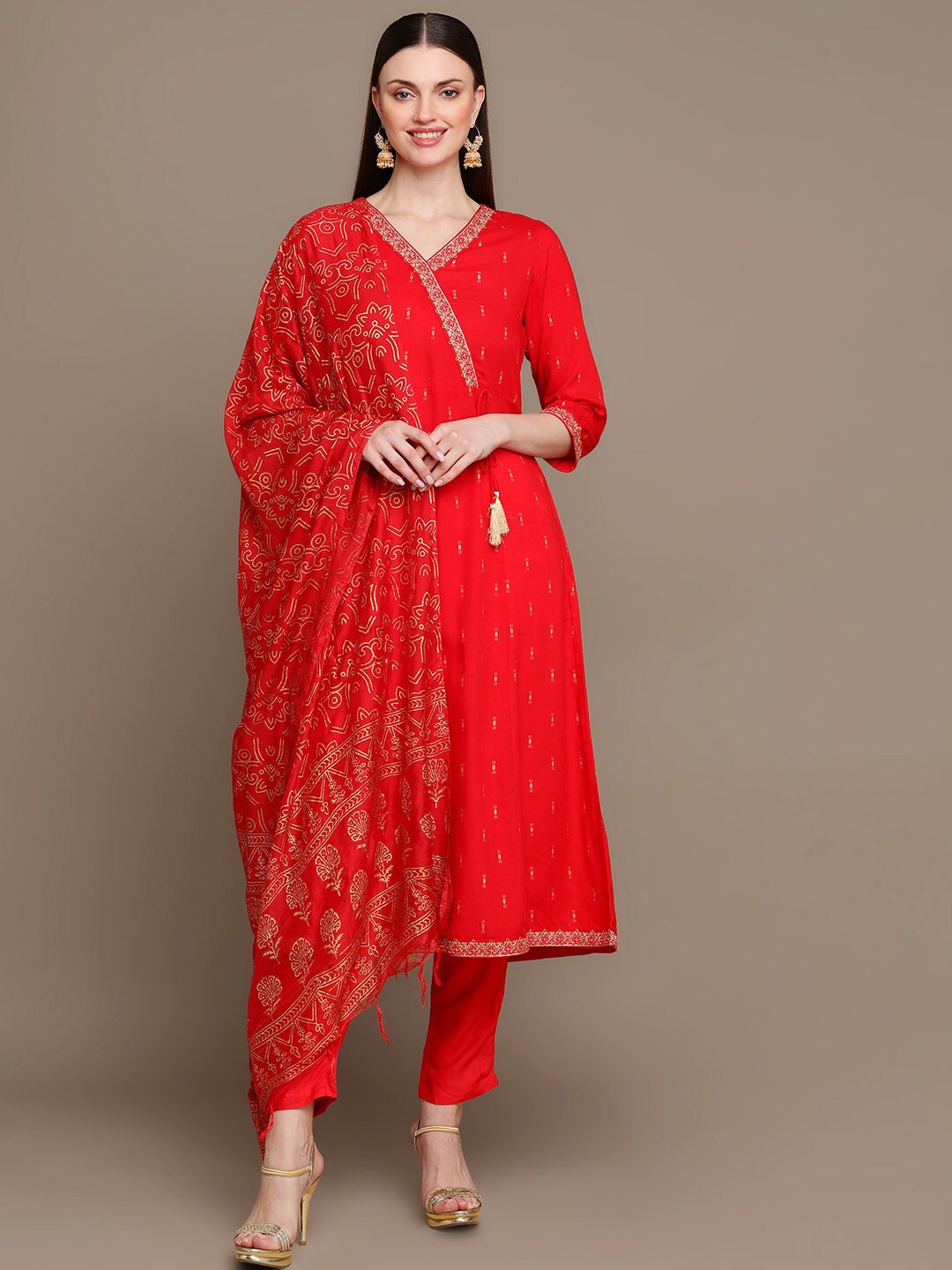

MALHAAR Embroidered Thread Work Angrakha A-Line Kurta & Trousers & With Dupatta, Red
