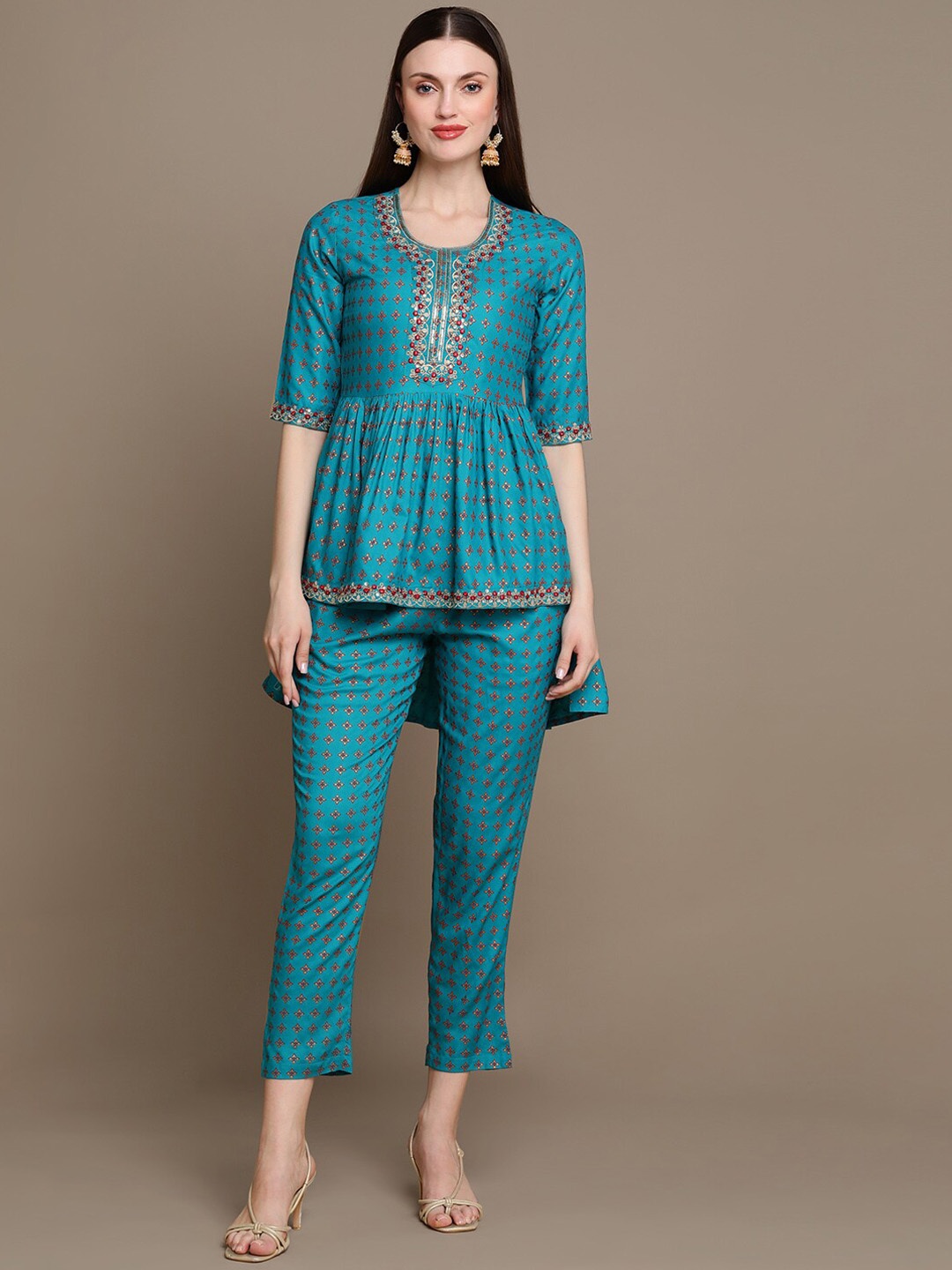 

MALHAAR Ethnic Motifs Printed Embroidered A-Line Mirror Work Kurti With Trousers, Blue