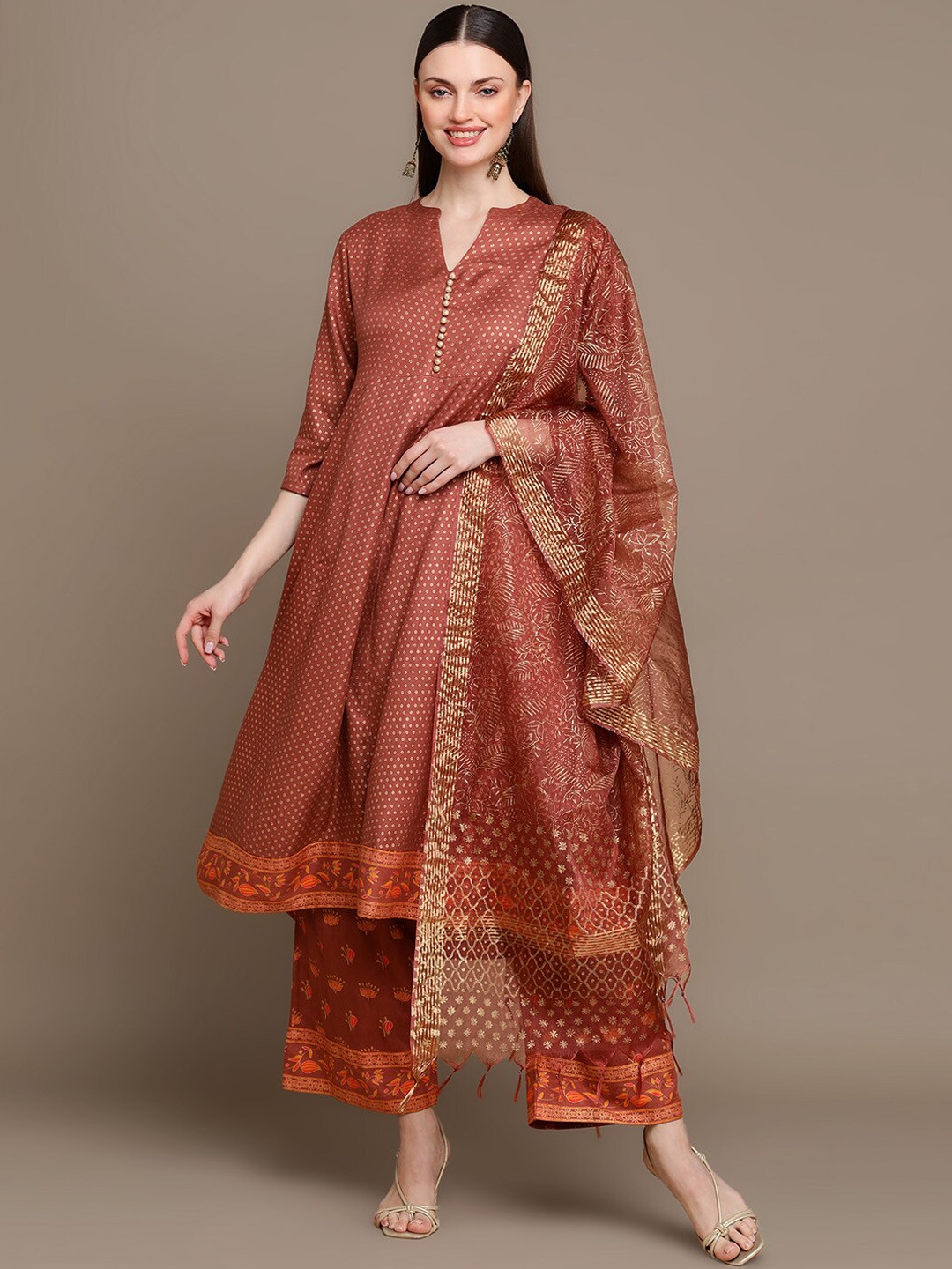 

MALHAAR Ethnic Motifs Printed A-Line Kurta With Palazzos & Dupatta, Brown