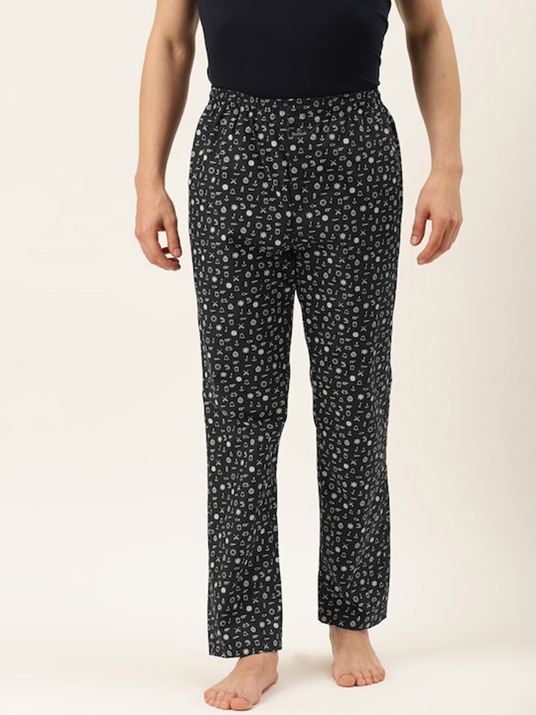 

Hancock Men Printed Pure Cotton Mid-Rise Lounge Pant, Black