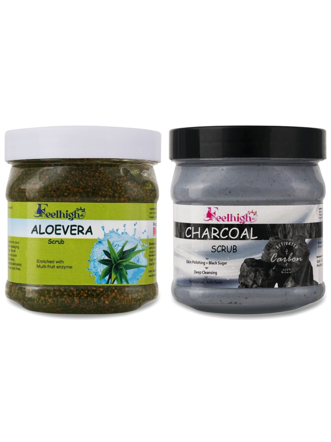 

FEELHIGH Set Of 2 Charcoal Scrub & Aloevera Scrub For Face & Body Exfoliators 500 ml Each, Multi