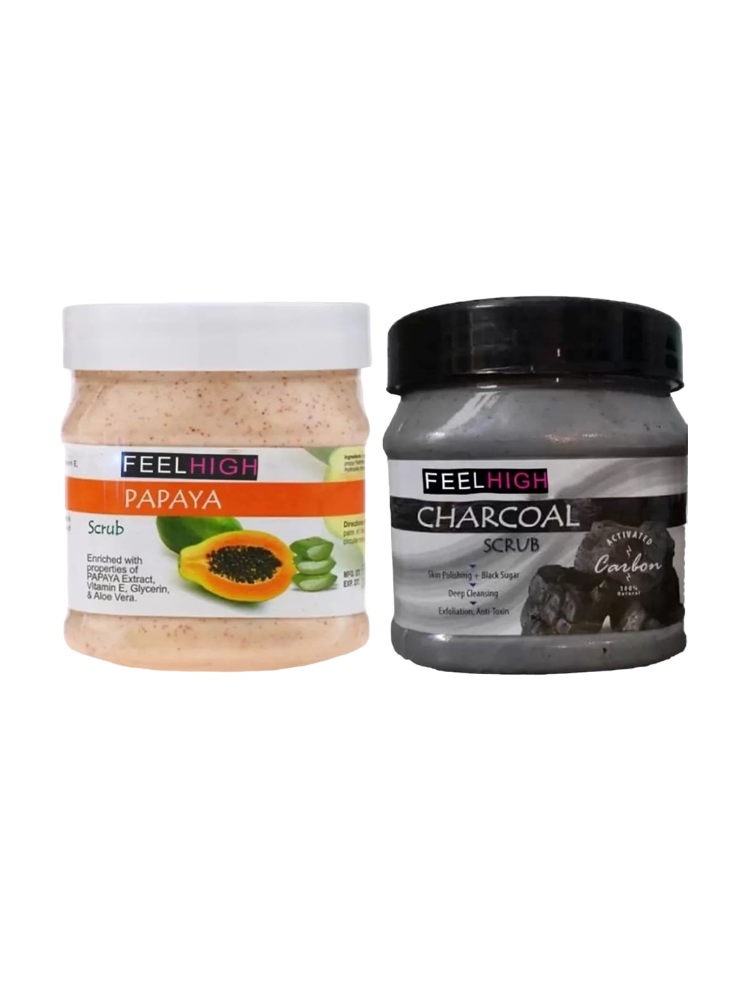 

FEELHIGH Set Of 2 Charcoal & Papaya Scrub For Face & Body Exfoliators 500 ml Each, Multi