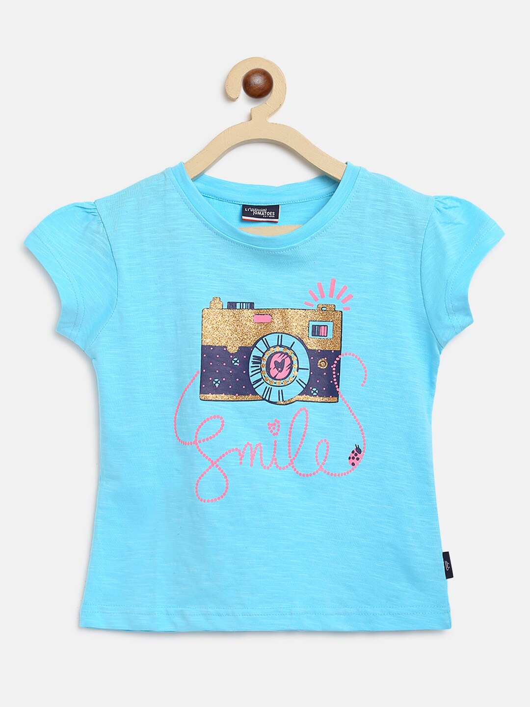 

Lil Tomatoes Girls Graphic Printed Puff Sleeve Cotton T-Shirt, Blue