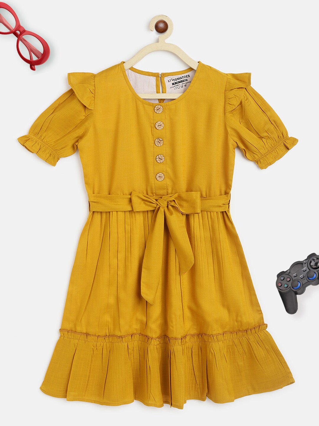 

Lil Tomatoes Girls Pleated Fit & Flare Dress With Belt, Mustard