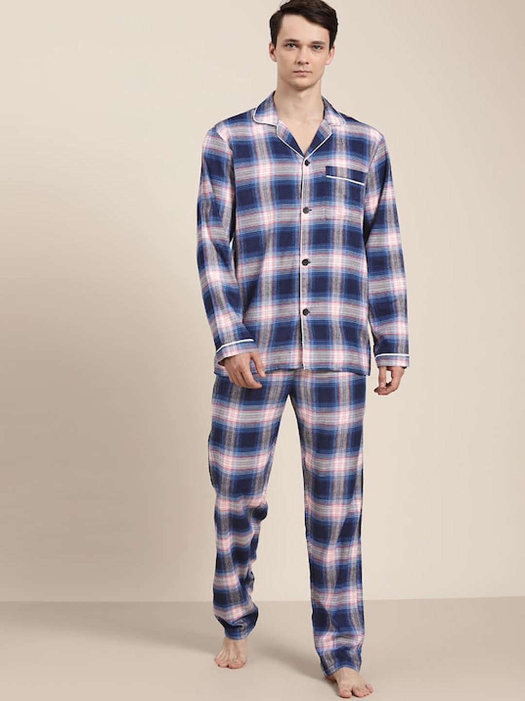 

Hancock Checked Pure Cotton Night Suit, Blue