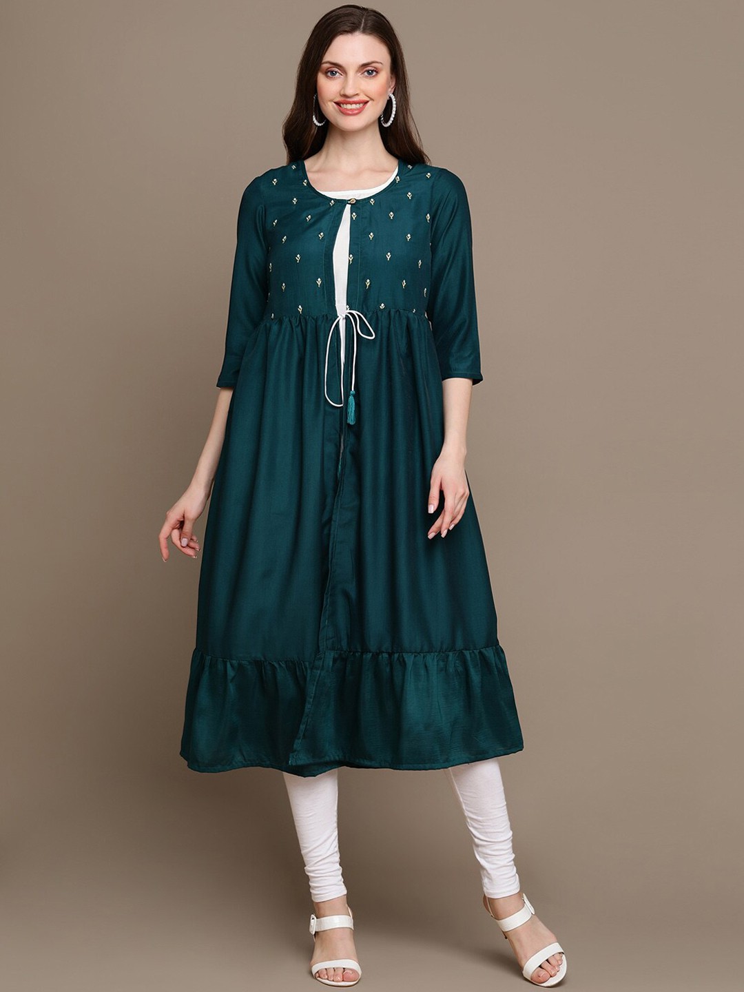 

MALHAAR Ethnic Motif Embroidered Thread Work Pure Cotton Anarkali Kurta, Green