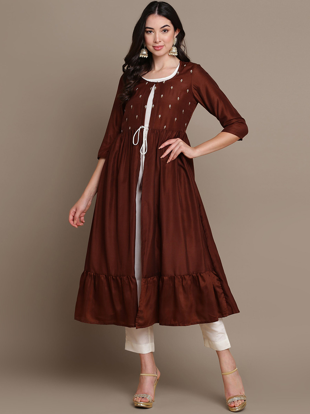 

MALHAAR Ethnic Motifs Embroidered Yoke Design Layered Thread Work Cotton A-Line Kurta, Maroon