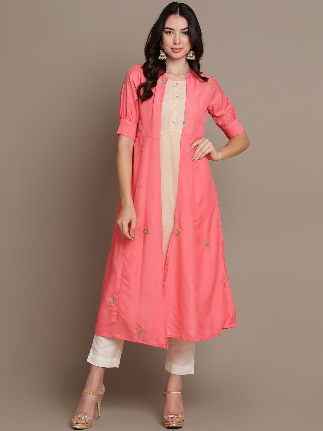 

MALHAAR Floral Embroidered Layered A-Line Kurta, Pink