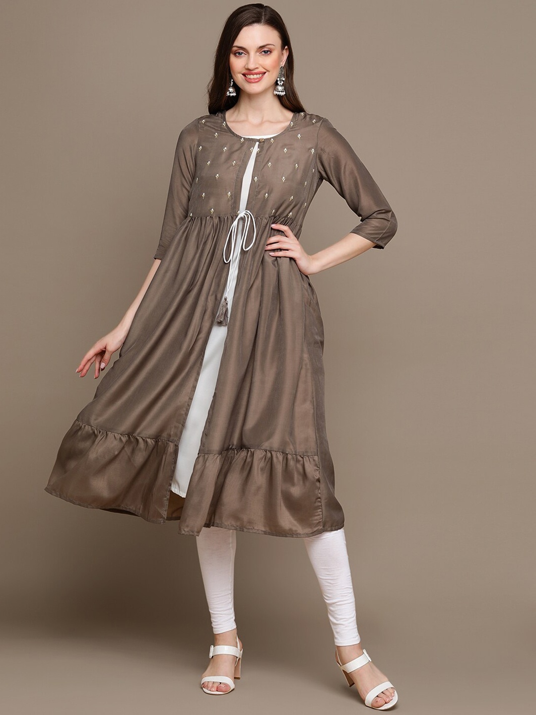 

MALHAAR Floral Embroidered Cotton A-line Kurta With Attached Jacket, Brown