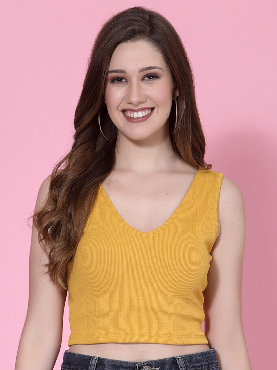 

Oomph! V-Neck Fitted Crop Top, Mustard