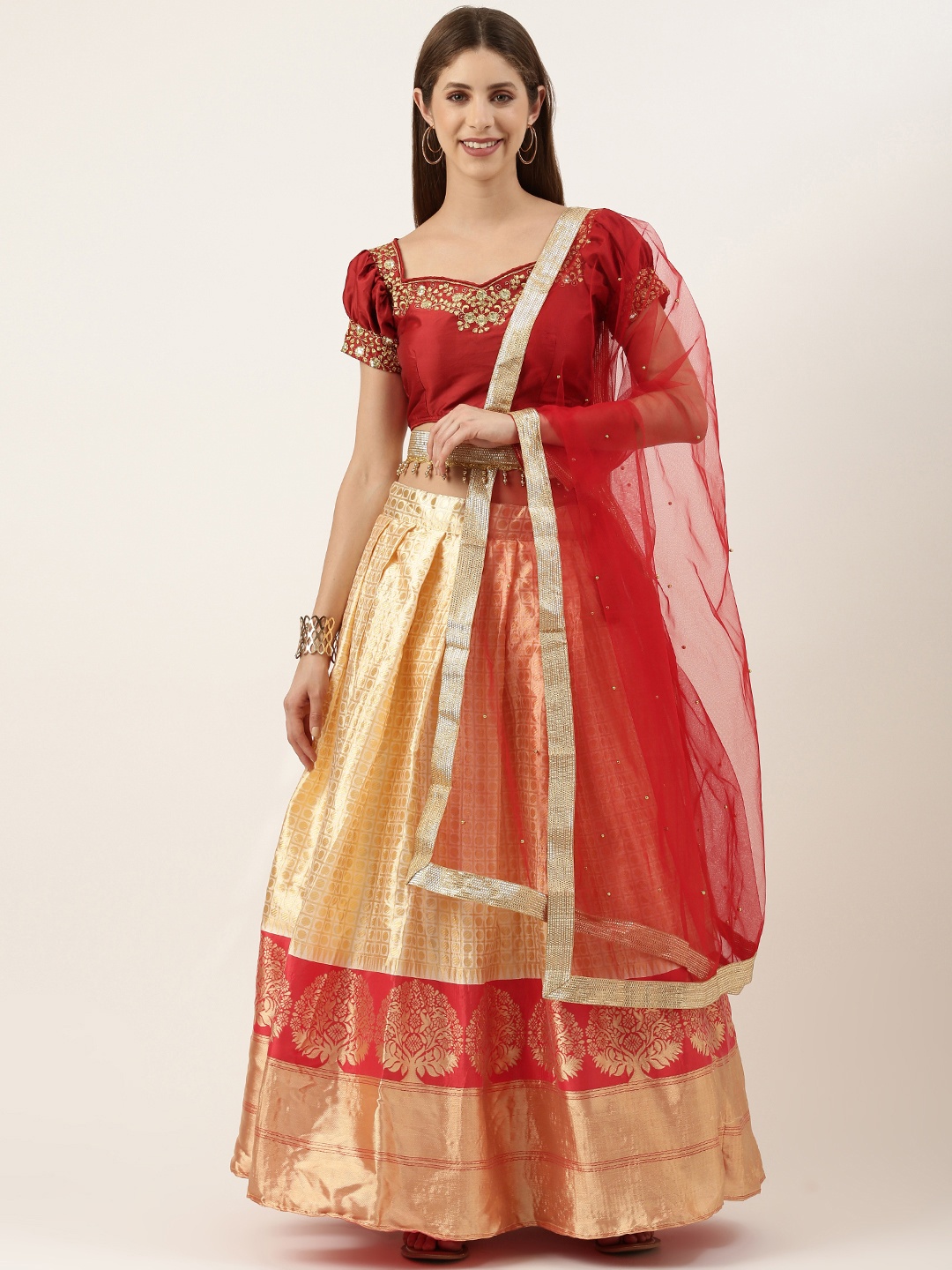 

Fabcartz Semi-Stitched Lehenga & Unstitched Blouse With Dupatta, Cream