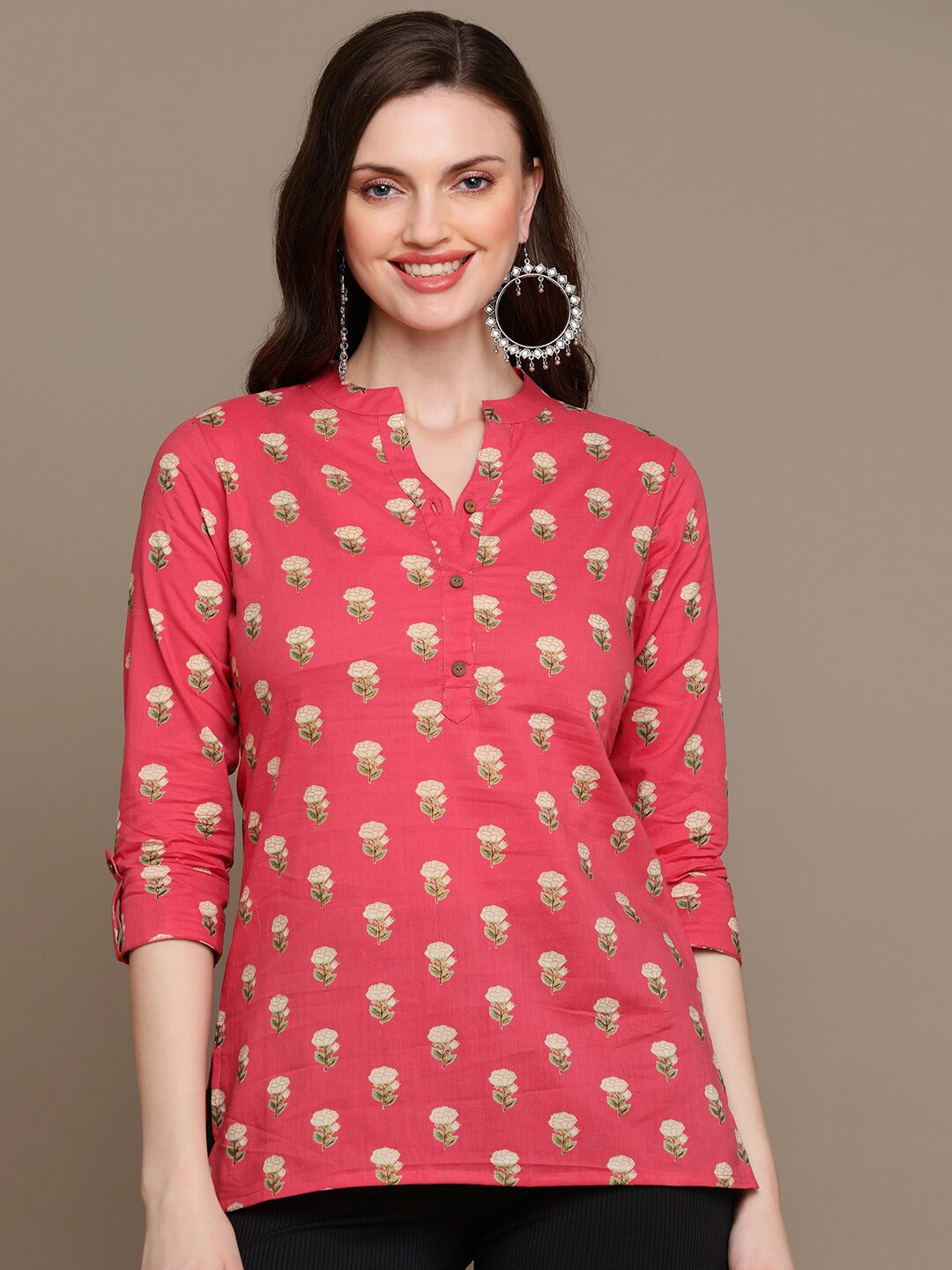 

HERE&NOW Floral Printed Mandarin Collar Pure Cotton Kurti, Red