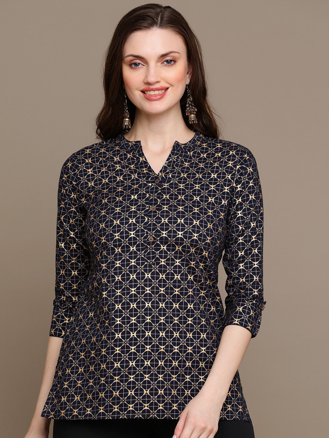 

HERE&NOW Ethnic Motifs Printed Pure Cotton Kurti, Navy blue
