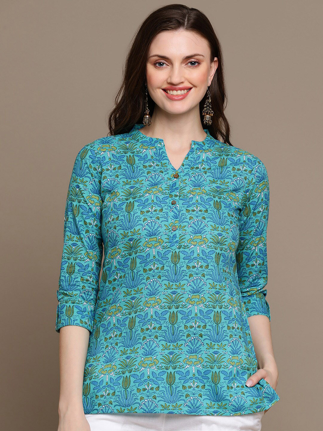 

HERE&NOW Turquoise Blue & Green Floral Printed Pure Cotton Kurti