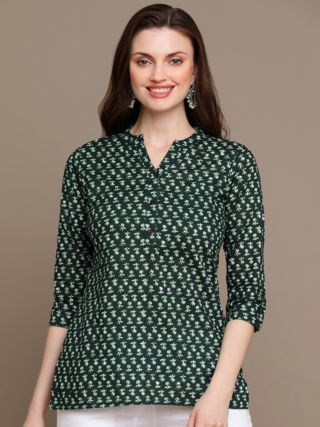 

HERE&NOW Green & White Ethnic Motifs Printed Pure Cotton Kurti