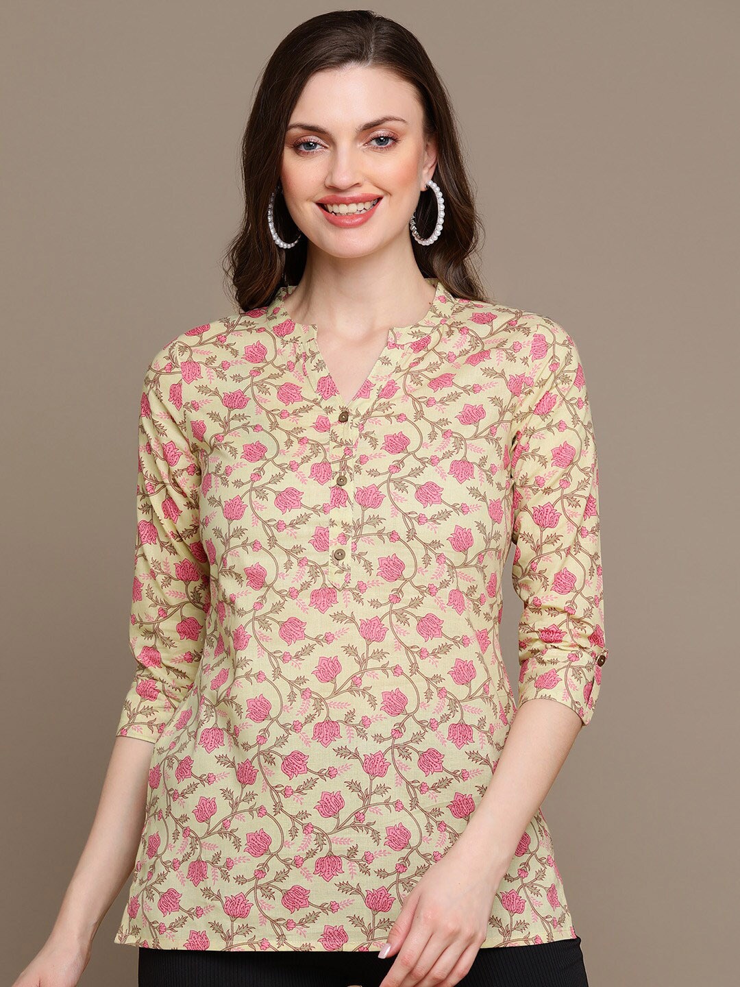 

HERE&NOW Beige & Pink Floral Printed Pure Cotton Kurti