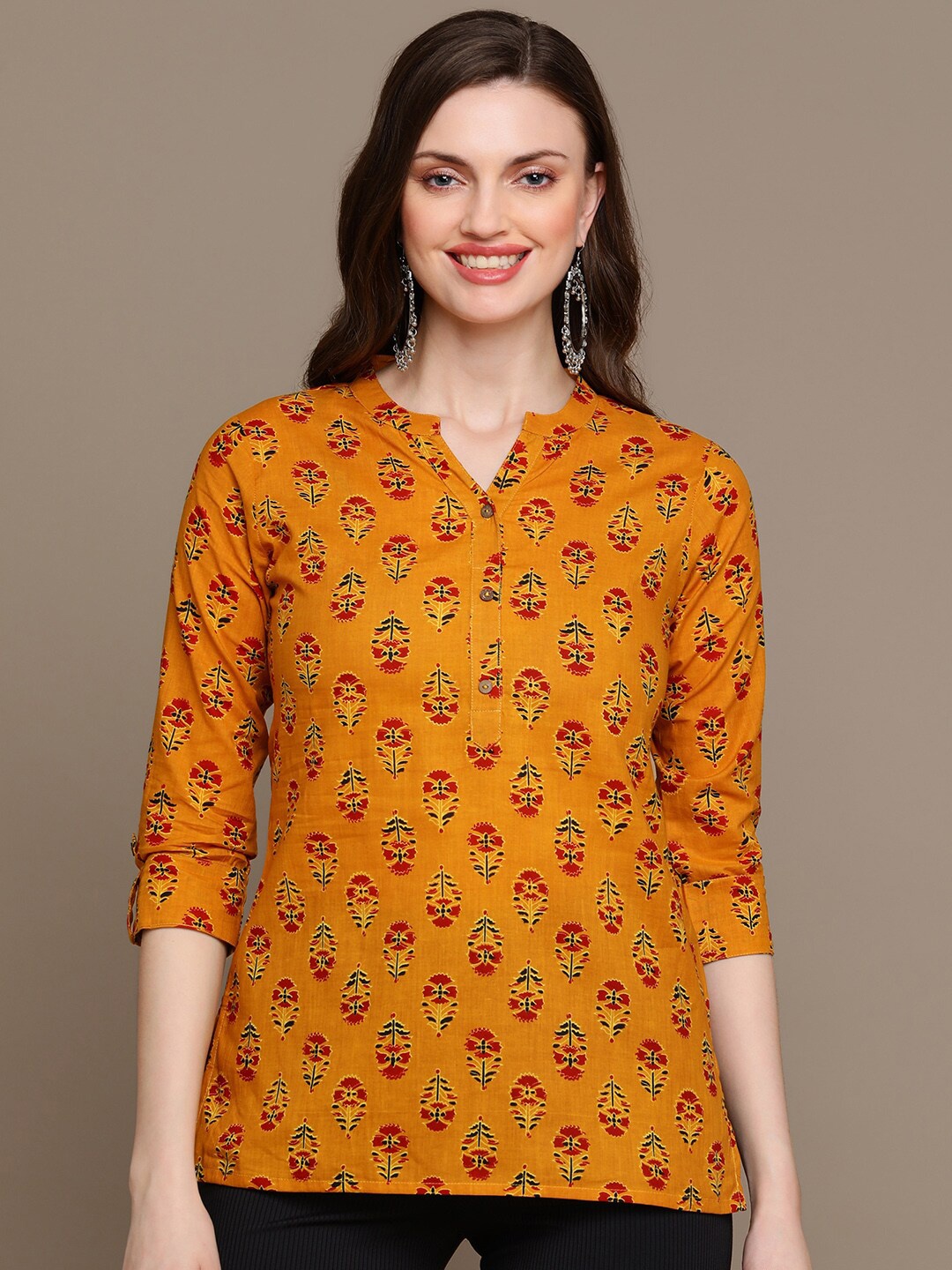 

HERE&NOW Mustard Yellow & Red Floral Printed Pure Cotton Kurti