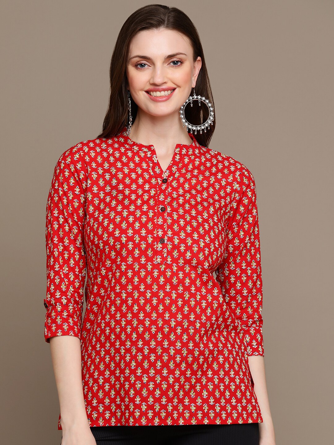 

HERE&NOW Red & White Ethnic Motifs Printed Roll Up Sleeves Pure Cotton Kurti