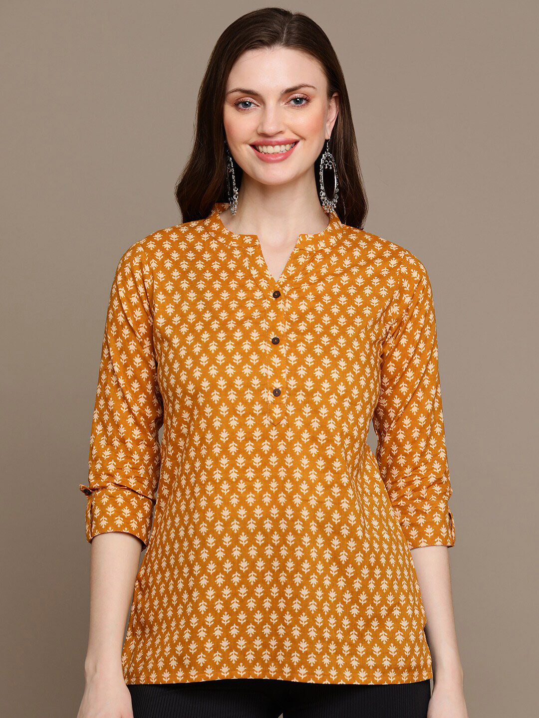 

HERE&NOW Mustard Yellow & Beige Ethnic Motifs Printed Pure Cotton Kurti