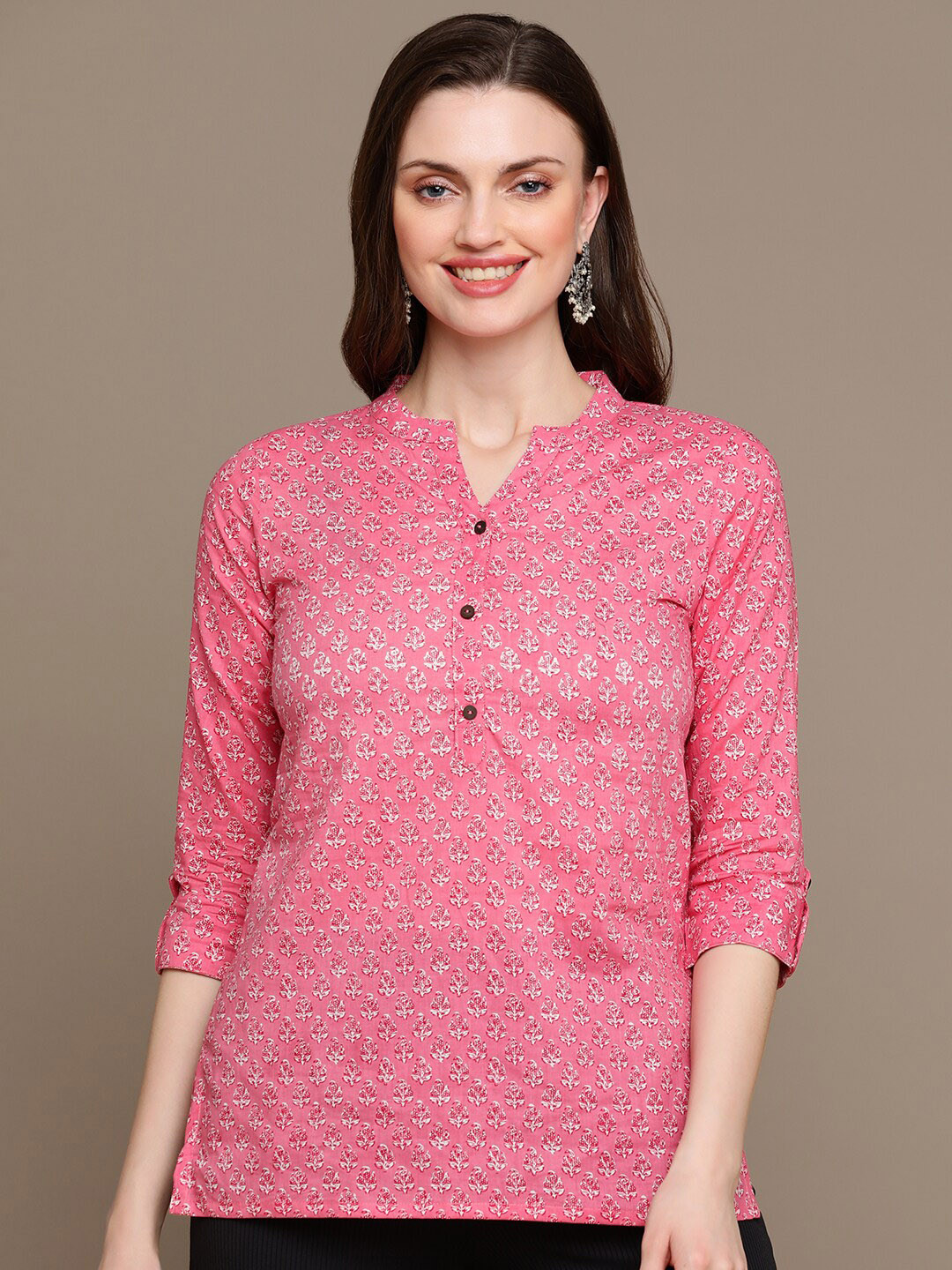 

HERE&NOW Pink & white Ethnic Motifs Printed Pure Cotton Kurti