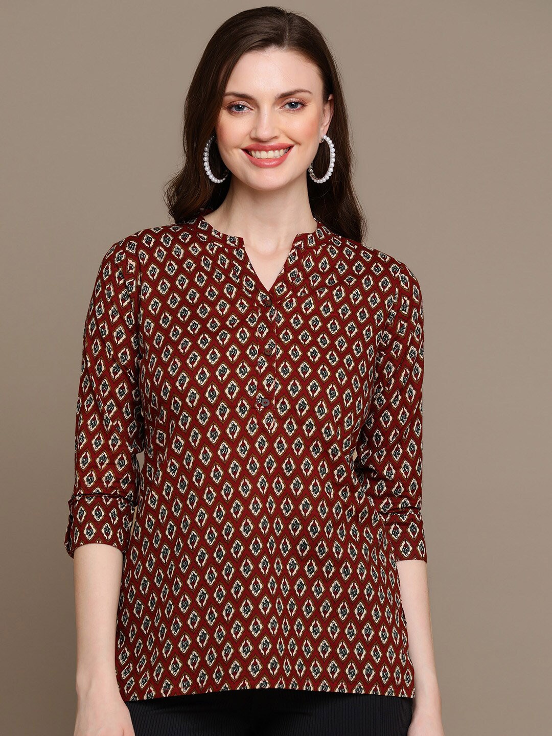 

HERE&NOW Red & Beige Floral Printed Pure Cotton Kurti