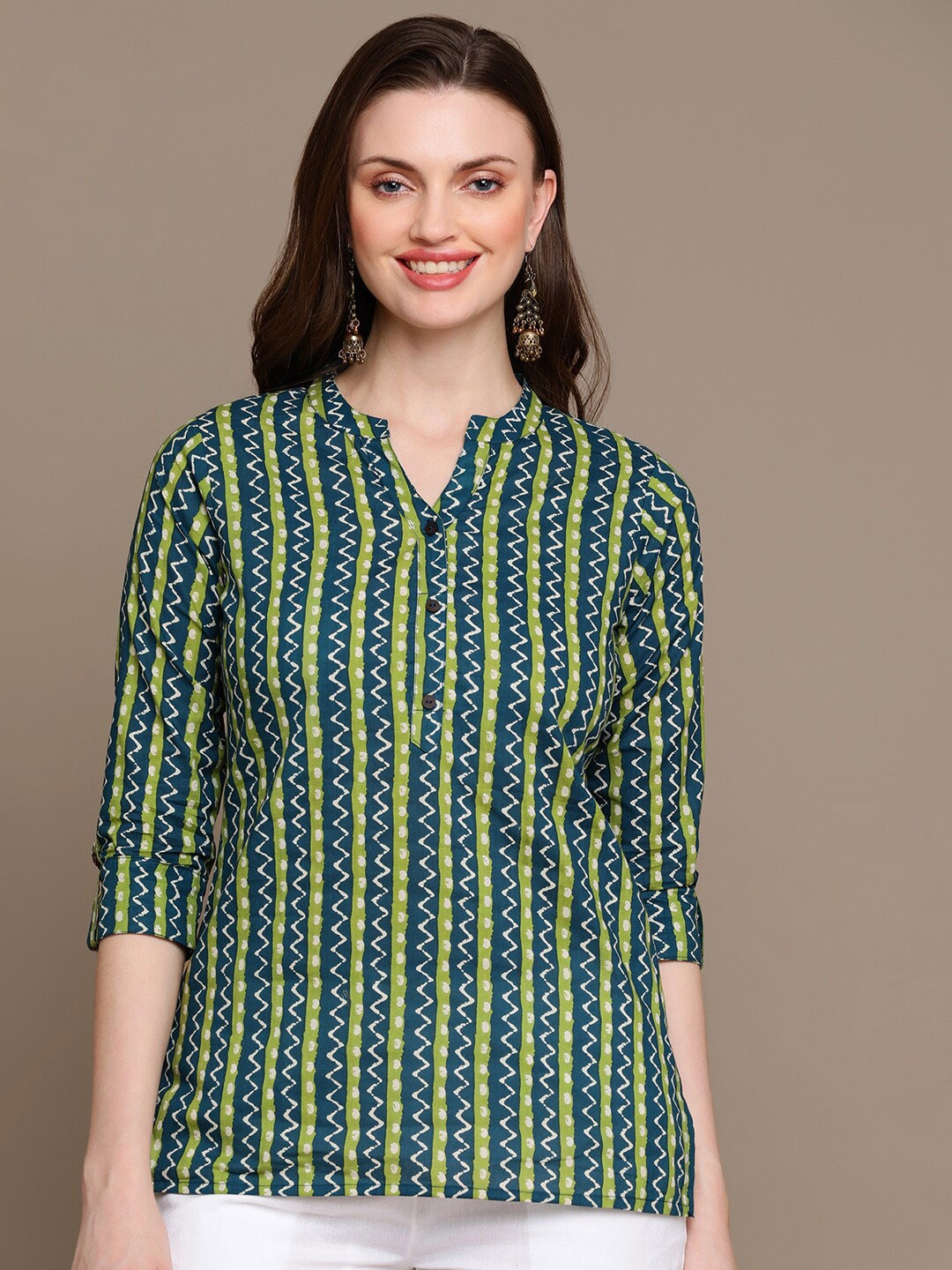 

HERE&NOW Blue & Green Geometric Printed Pure Cotton Kurti