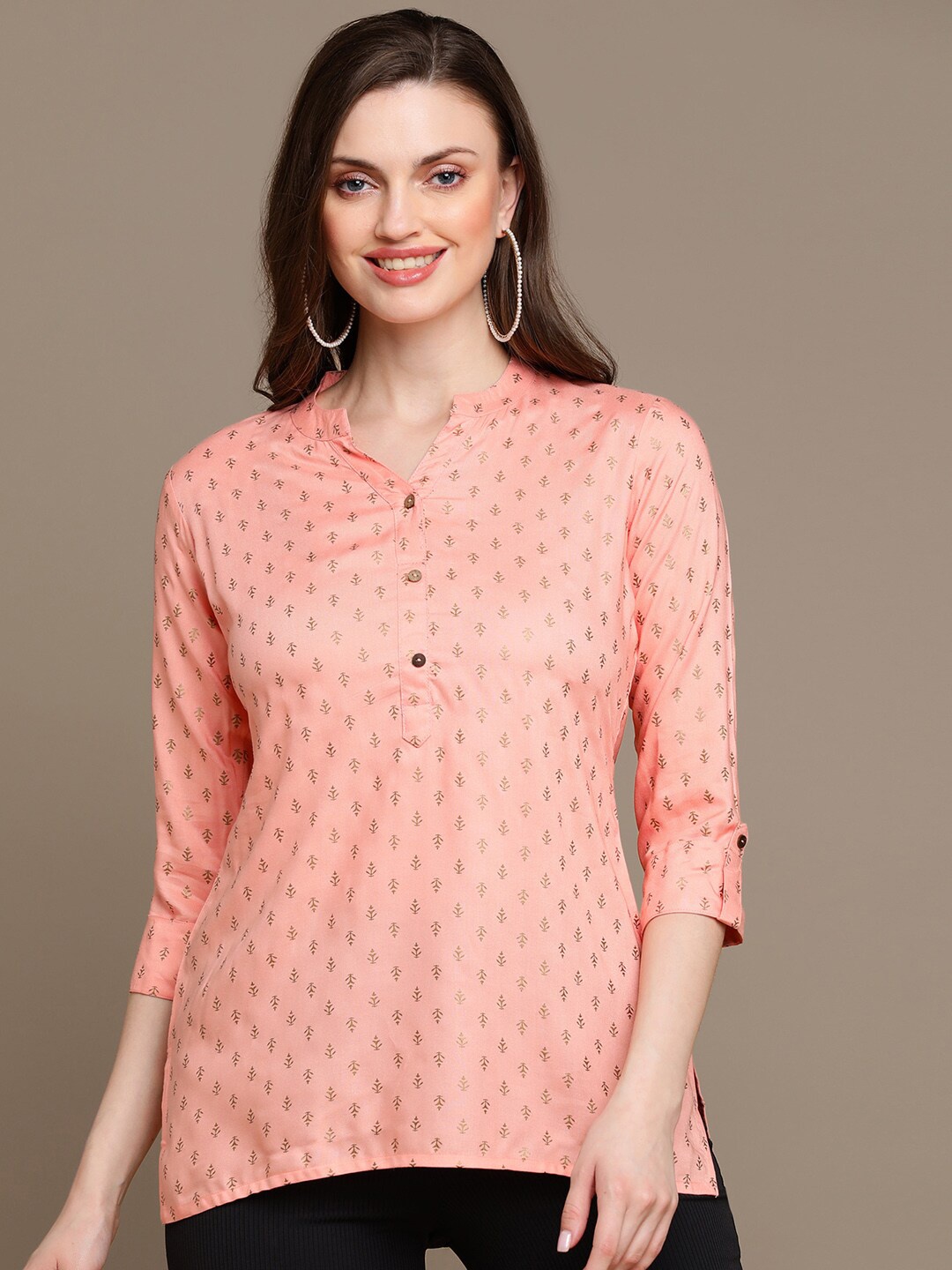 

HERE&NOW Pink Ethnic Motifs Printed Roll Up Sleeves Kurti