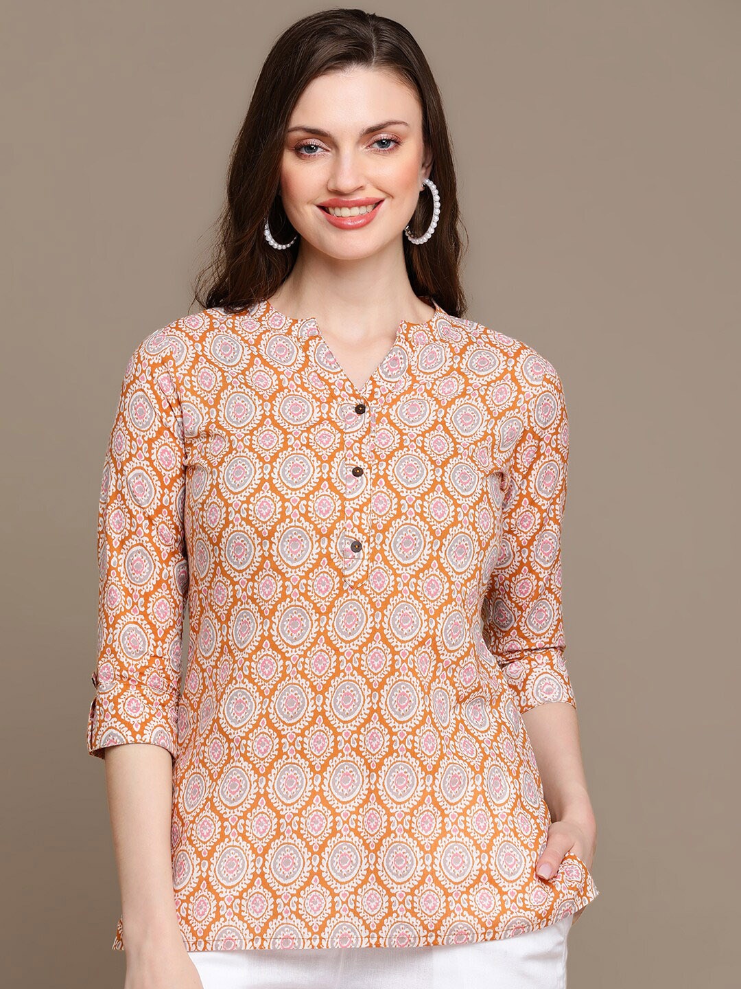 

HERE&NOW Mustard Yellow & White Ethnic Motif Printed Band Collar Pure Cotton Kurti