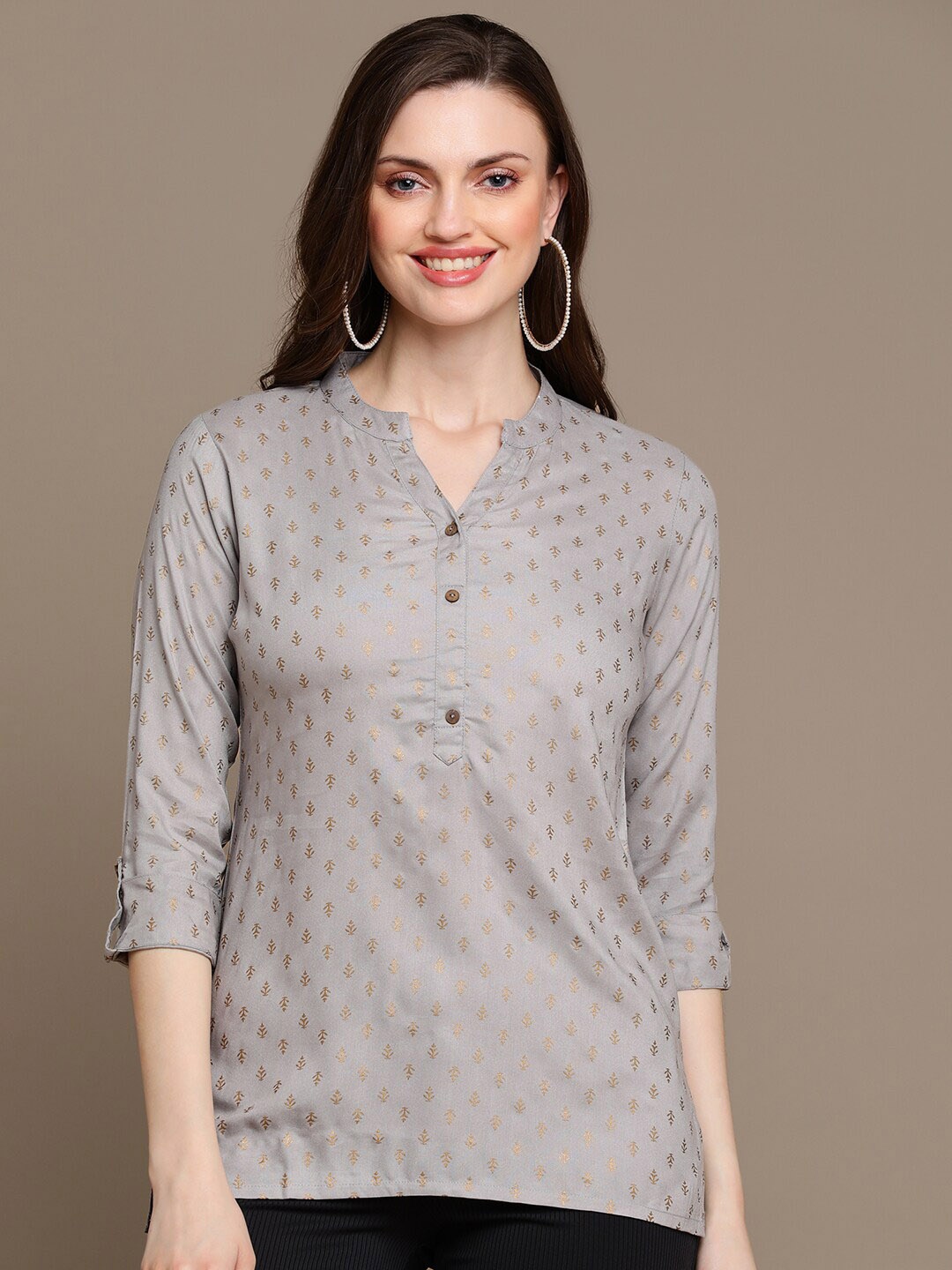 

HERE&NOW Grey & Beige Ethnic Motifs Printed Kurti