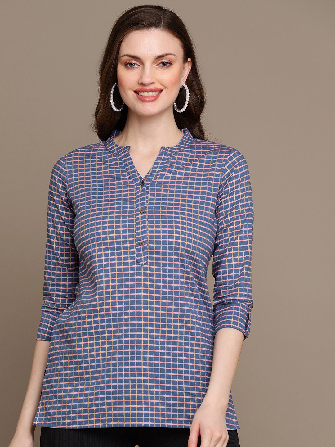 

HERE&NOW Blue & Pink Checked Printed Pure Cotton Kurti
