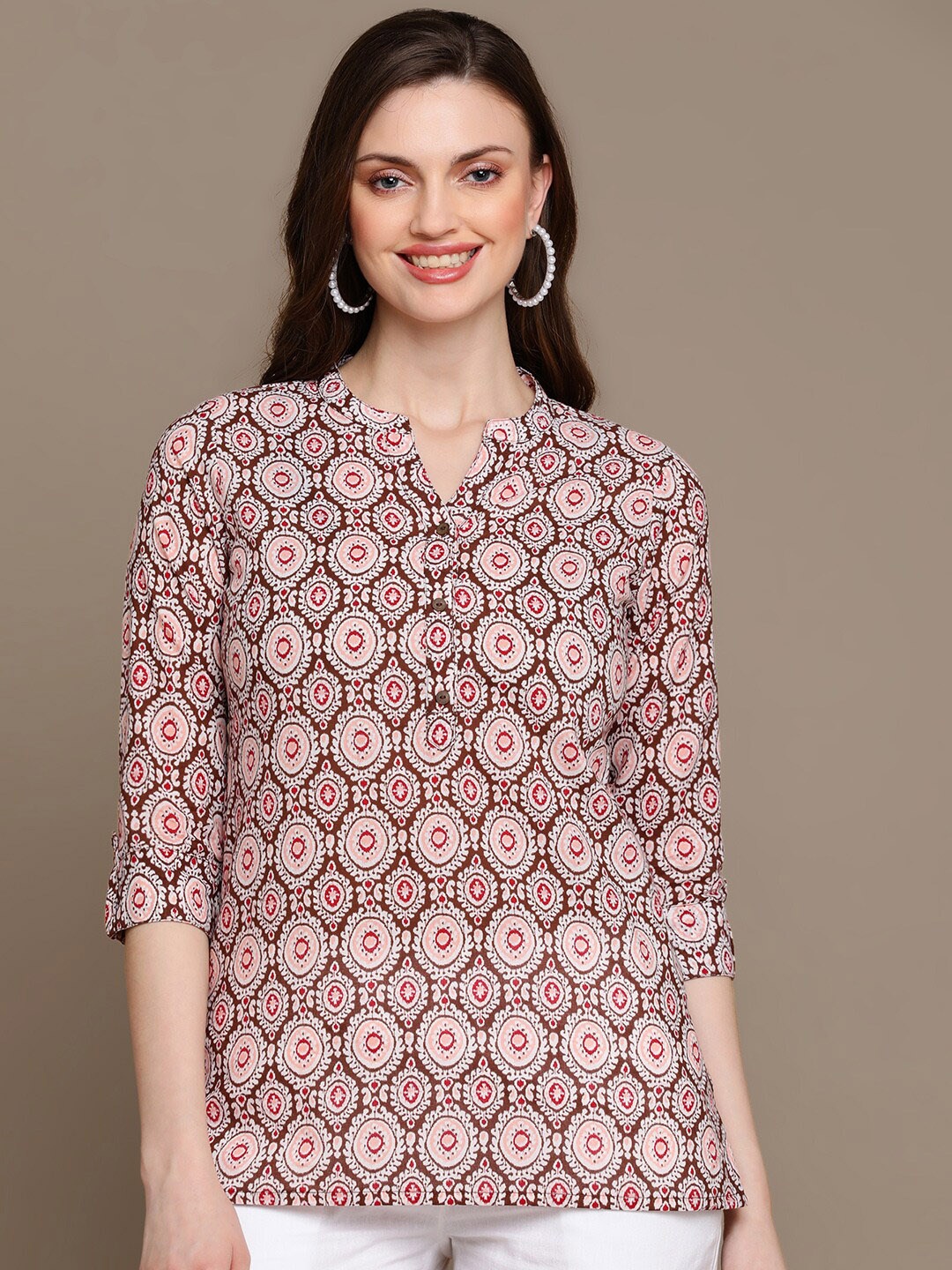 

HERE&NOW Coffee Brown & Pink Ethnic Motifs Printed Pure Cotton Kurti