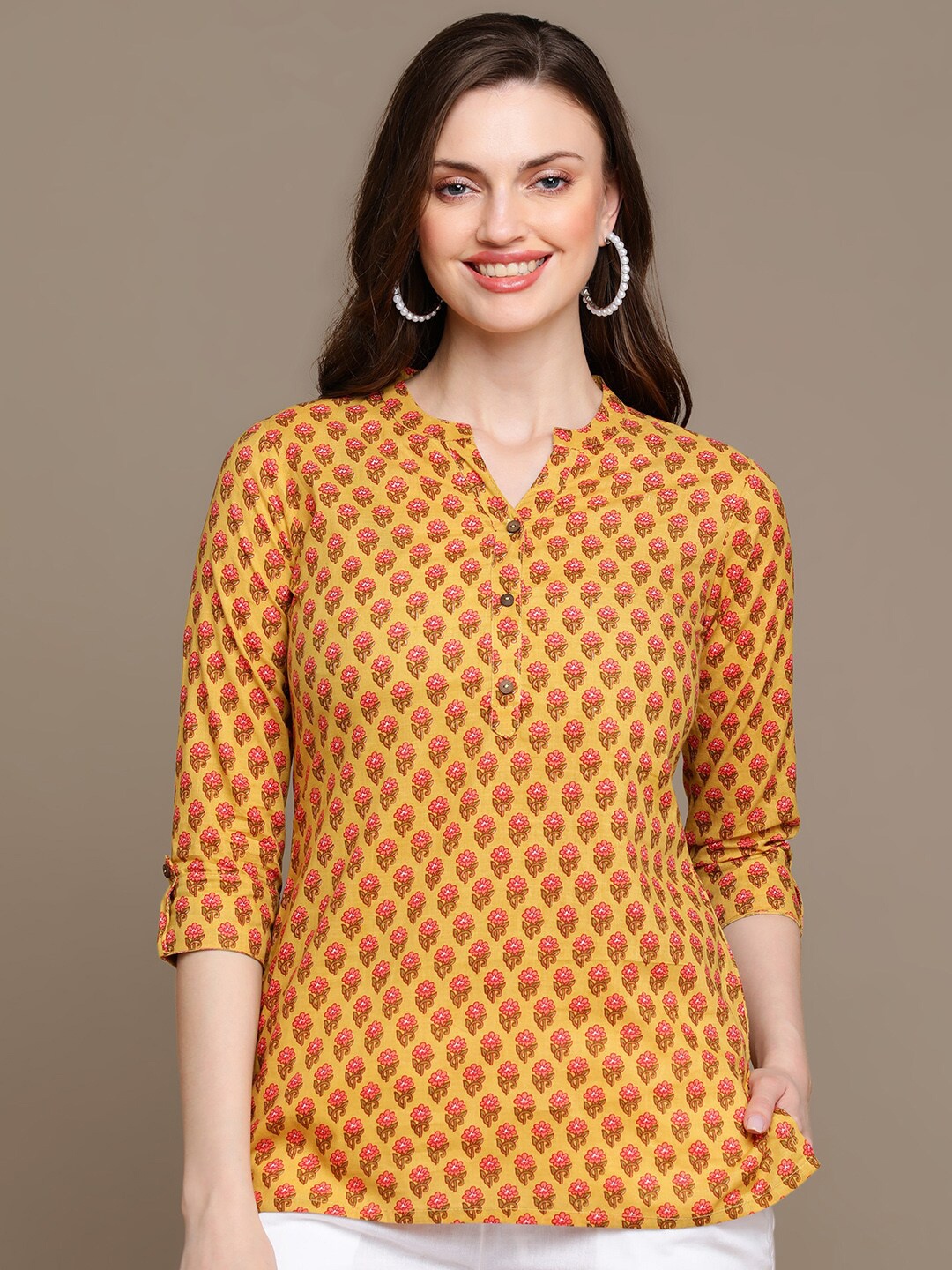 

HERE&NOW Mustard Yellow & Pink Floral Printed Roll Up Sleeves Pure Cotton Kurti