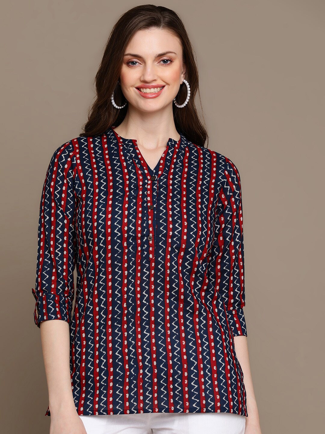 

HERE&NOW Navy Blue & Red Striped Pure Cotton Kurti