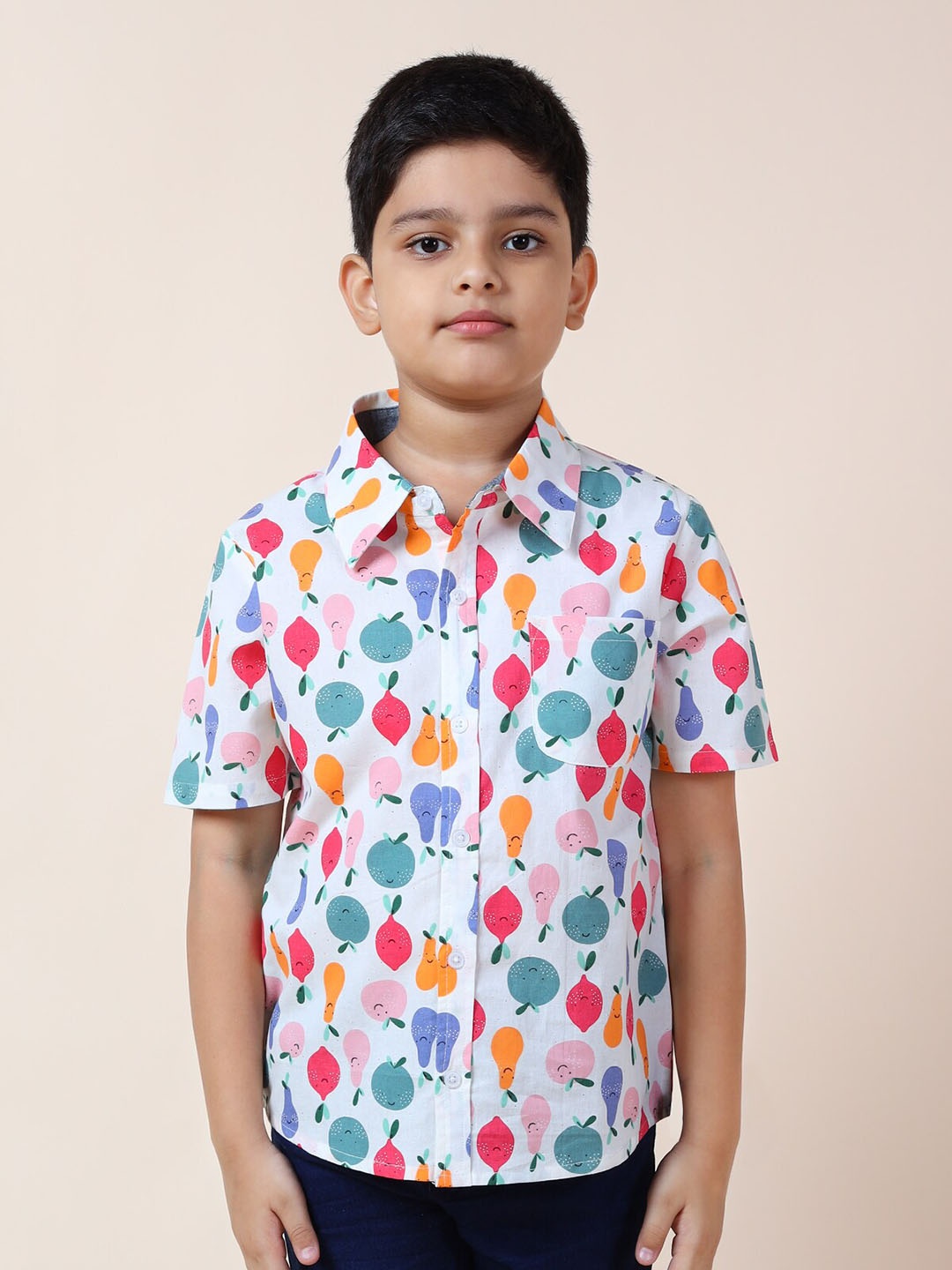 

CrayonFlakes Boys Conversational Printed Spread Collar Cotton Casual Shirt, White