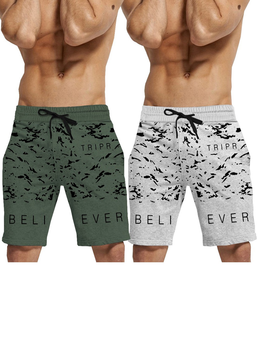 

TRIPR Men Pack Of 2 Mid-Rise Abstract Printed Casual Cotton Shorts, Olive