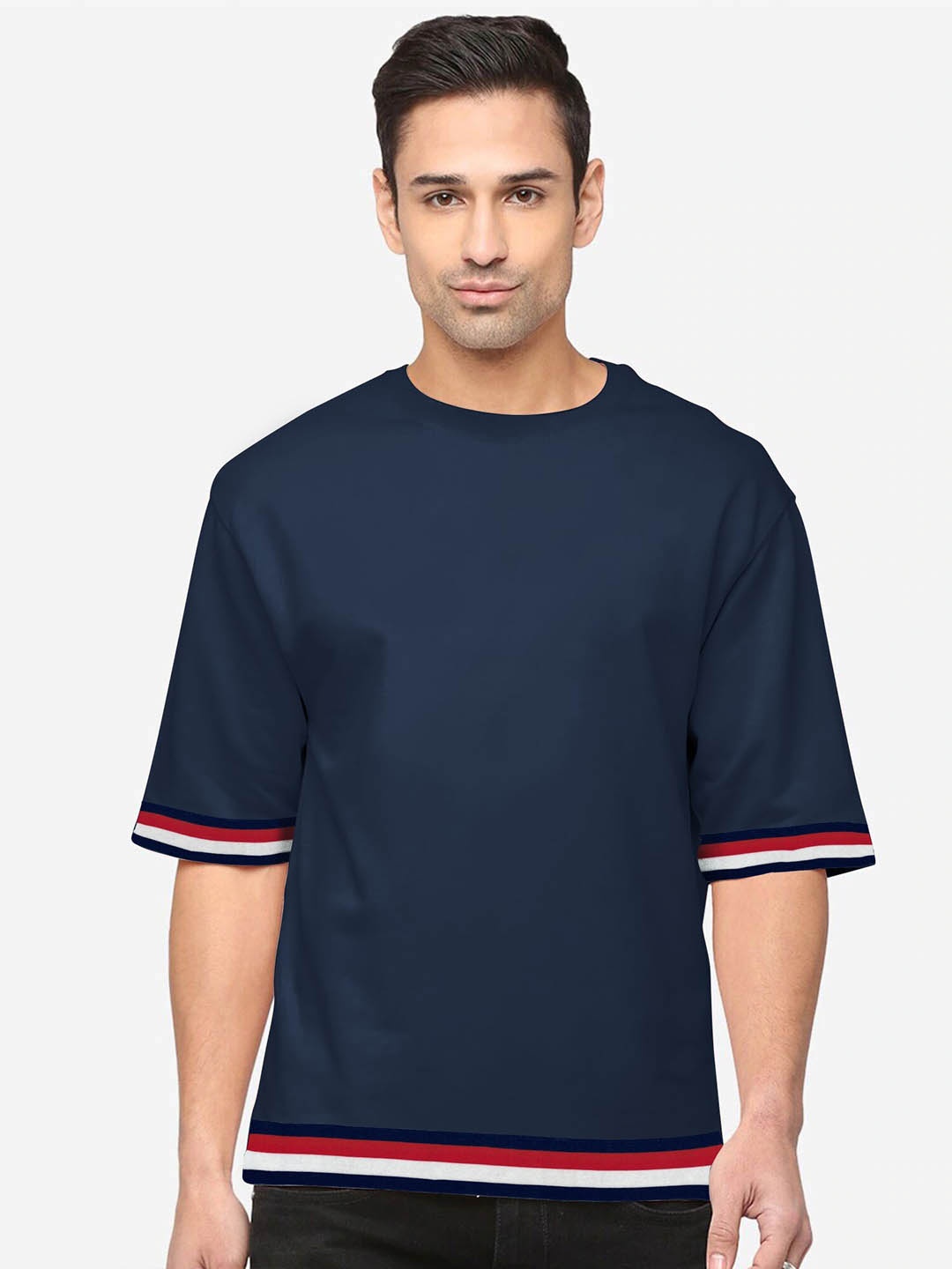 

JUMPCUTS Slim Fit Round Neck Cotton T-shirt, Navy blue