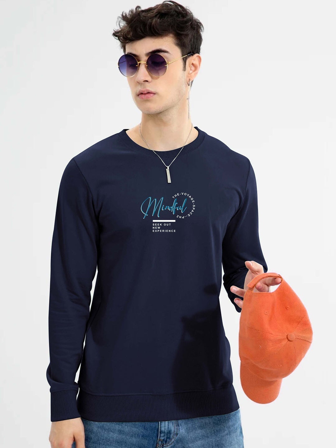 

JUMPCUTS Graphic Printed Round Neck Long Sleeves Cotton Slim Fit T-shirt, Navy blue