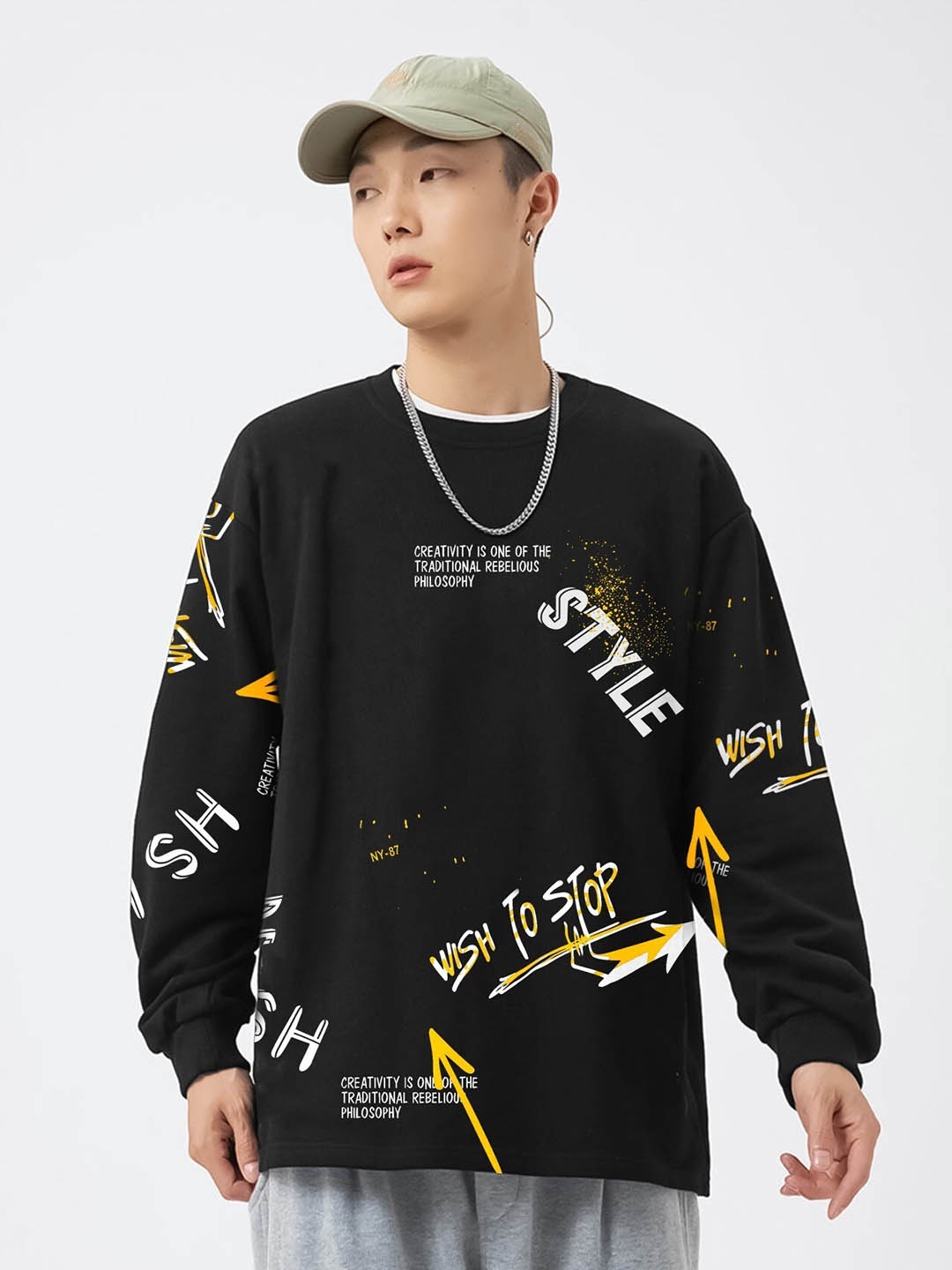 

JUMPCUTS Printed Round Neck Drop Shoulder Boxy Fit Cotton T-Shirt, Black