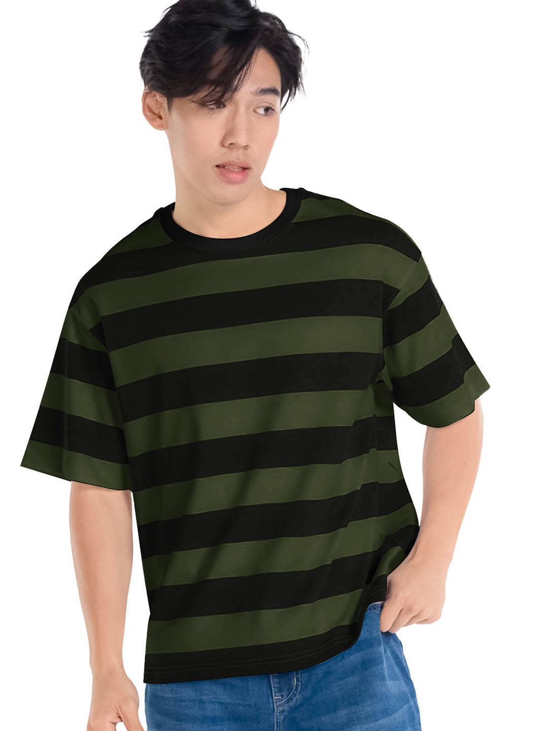 

JUMPCUTS Striped Drop-Shoulder Sleeves Boxy Fit Cotton T-Shirt, Olive