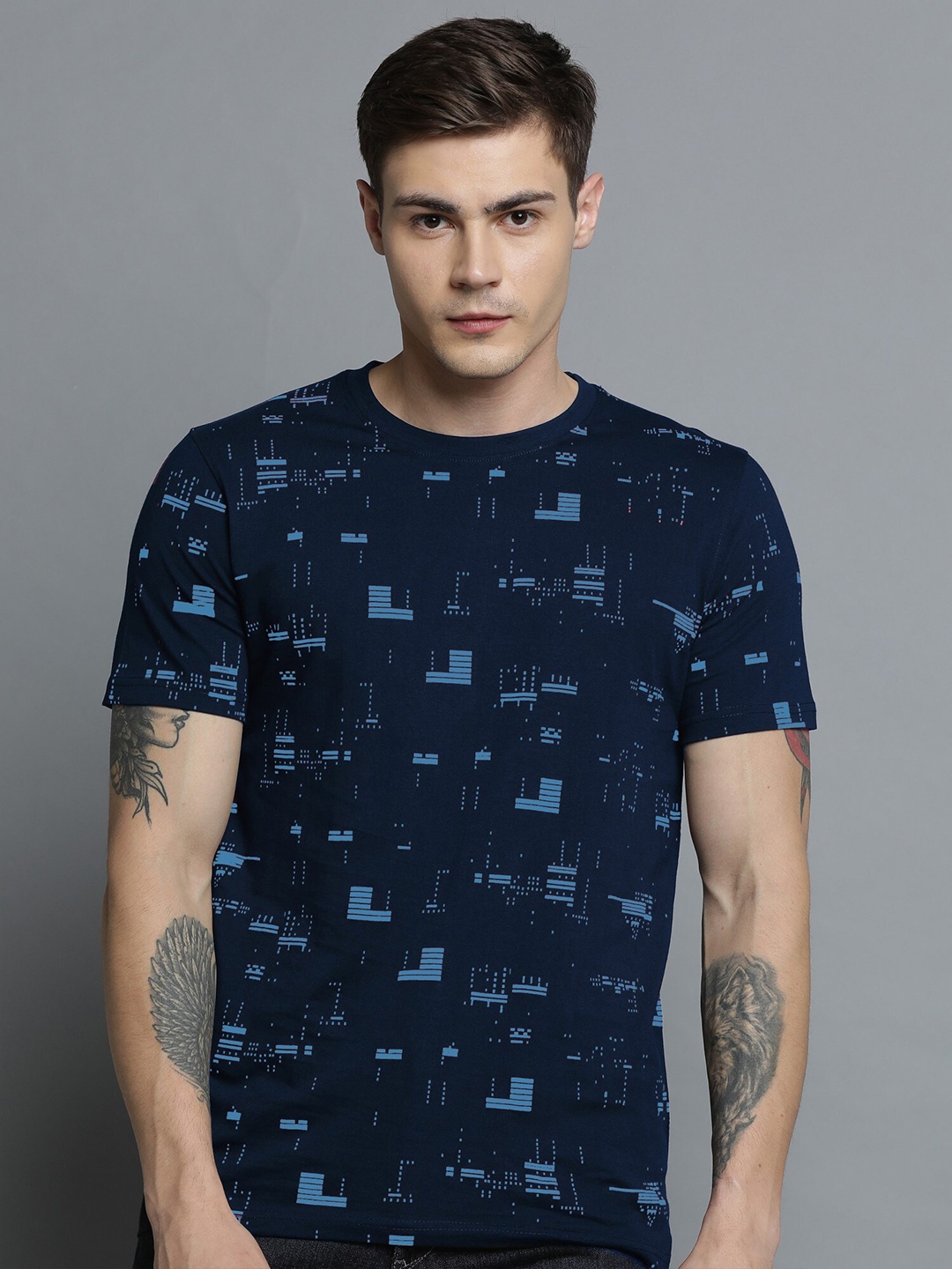 

JUMPCUTS Round Neck Geometric Printed Cotton T-shirt, Navy blue