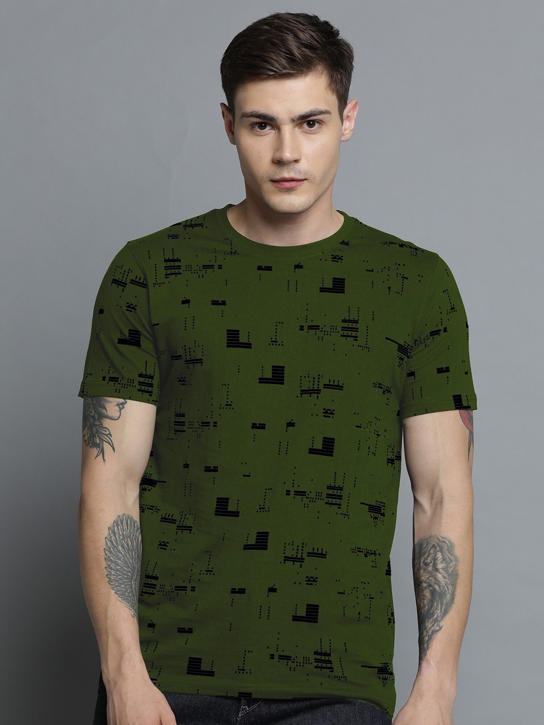 

JUMPCUTS Geometric Printed Cotton Slim Fit T-shirt, Olive
