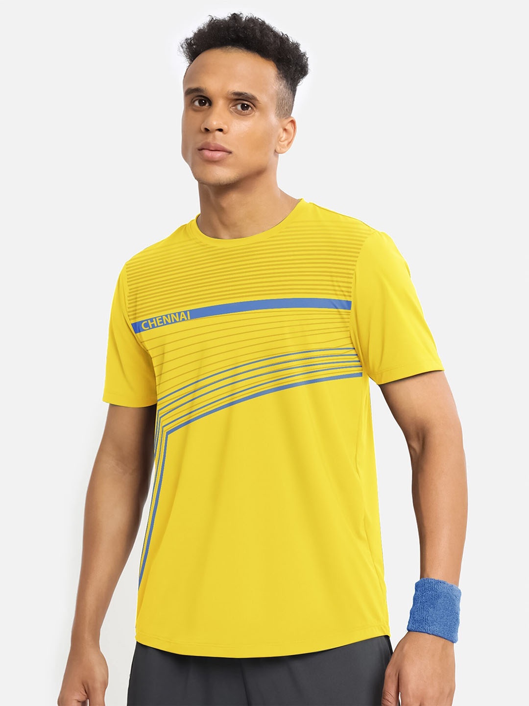 

JUMPCUTS Striped Round Neck Sports Slim Fit T-shirt, Yellow