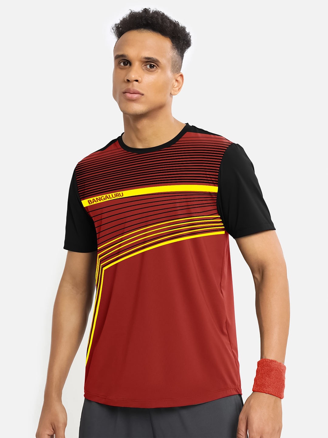 

JUMPCUTS Round Neck Half Sleeve Striped Sports Slim Fit T-shirt, Red