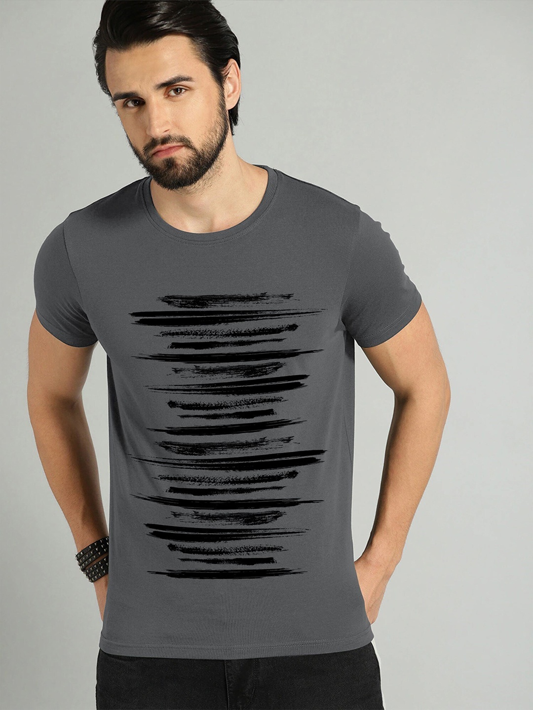 

JUMPCUTS Striped Round Neck Half Sleeve Slim Fit Cotton T-shirt, Grey