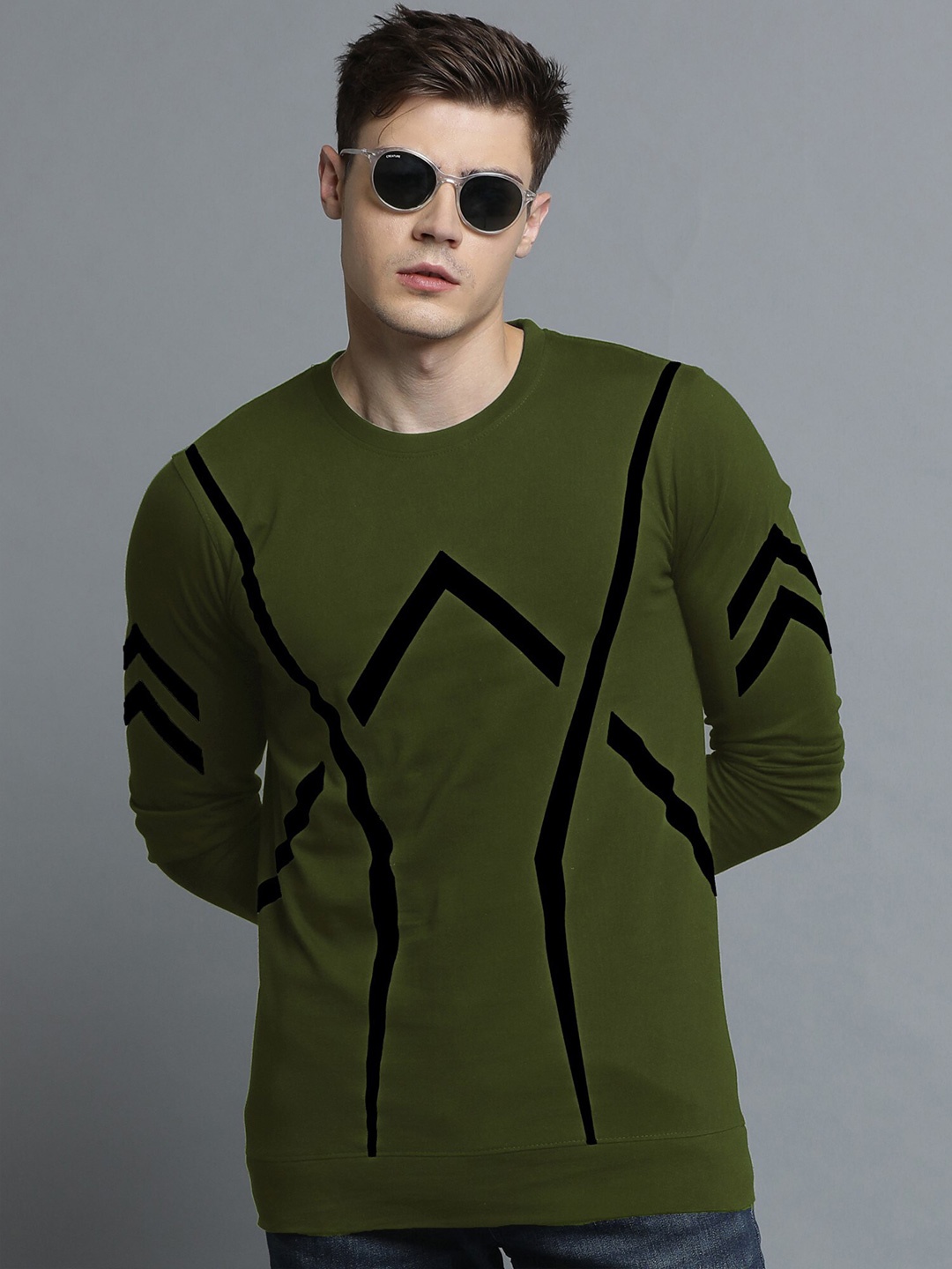 

JUMPCUTS Geometric Printed Long Sleeves Cotton Slim Fit T-shirt, Olive