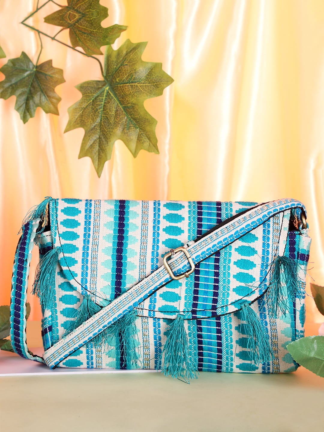 

gaura pakhi Green Printed Oversized Bowling Sling Bag with Tasselled