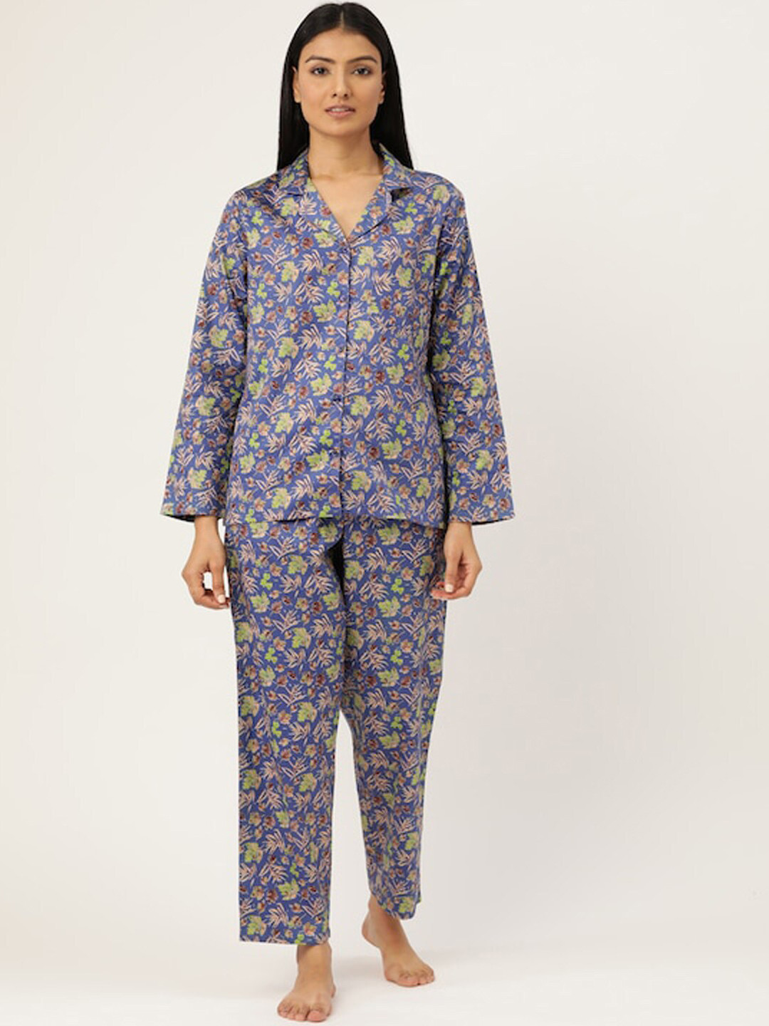 

Hancock Floral Printed Pure Cotton Night Suit, Blue