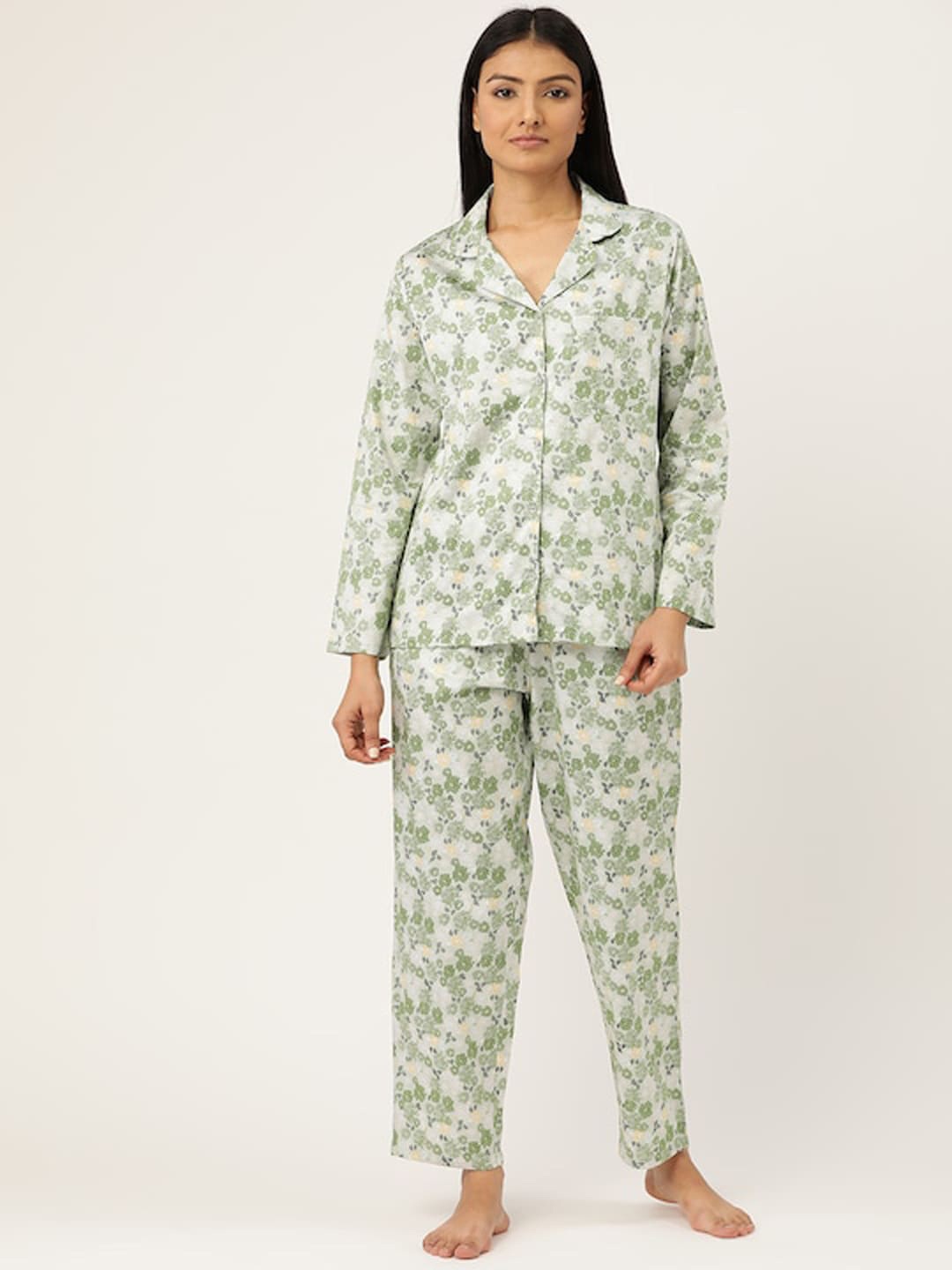 

Hancock Floral Printed Pure Cotton Night Suit, Green
